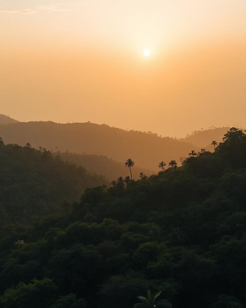 Paisagem florestal ao amanhecer nas montanhas de Manica
